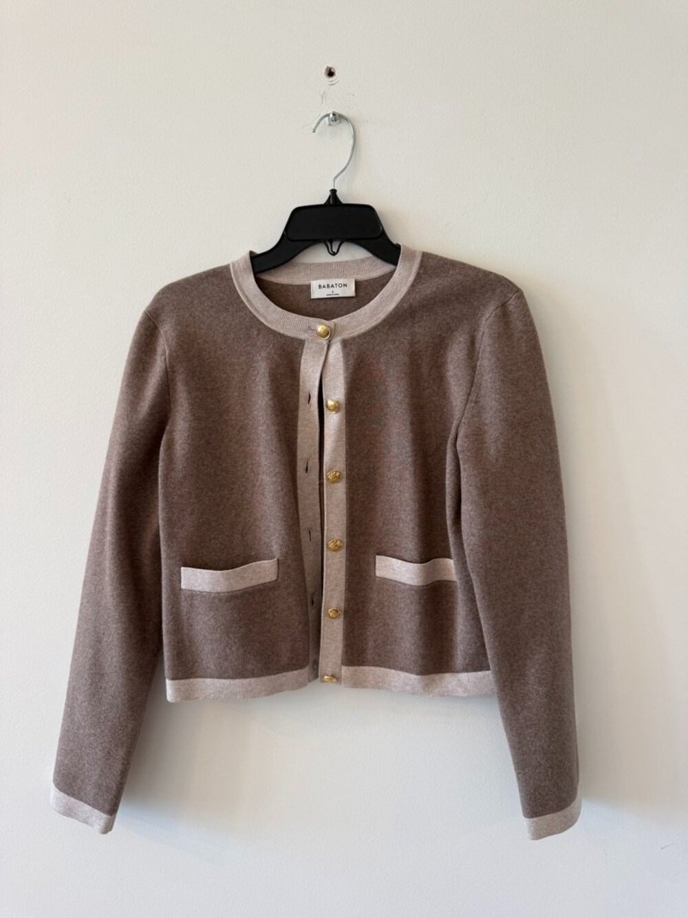 Babaton Taupe and Cream Trim Wool Blend Cardigan